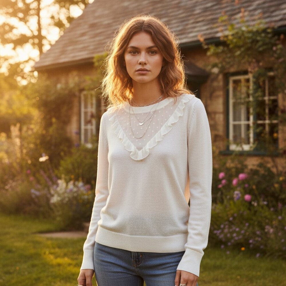 NEW Loft L Cream Ruffle Sheer Dot Yoke Sweater Cottage Coquette Twee Soft Girl